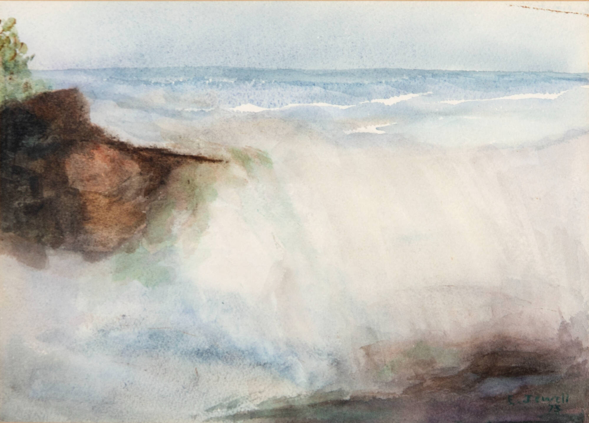 Watercolor image of water crashing over dark rocks. Water is very light in color, mostly white with some areas of blue.